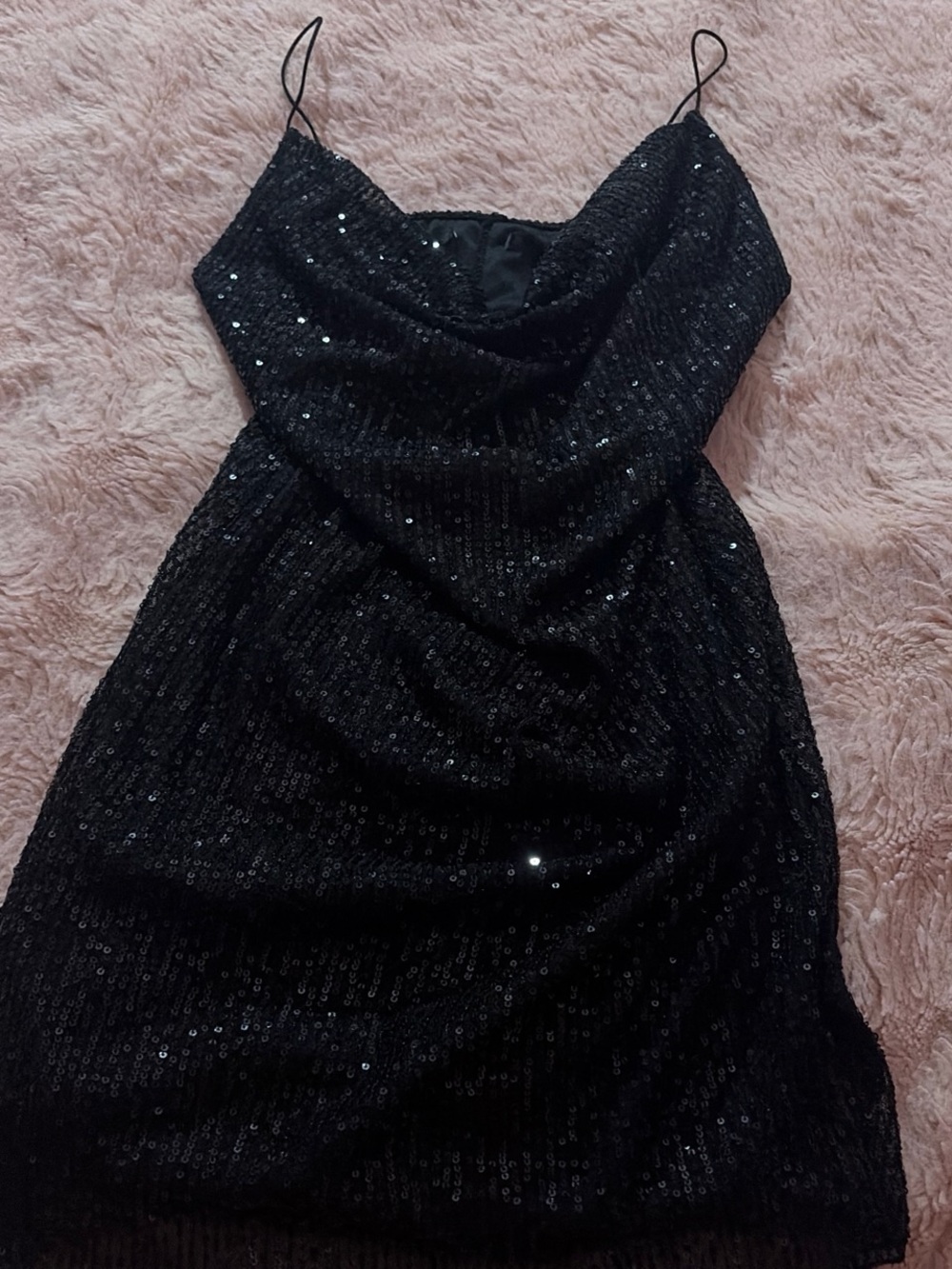 Source Unknown Black Sequin Cowl Neck Mini Dress with Spaghetti Straps